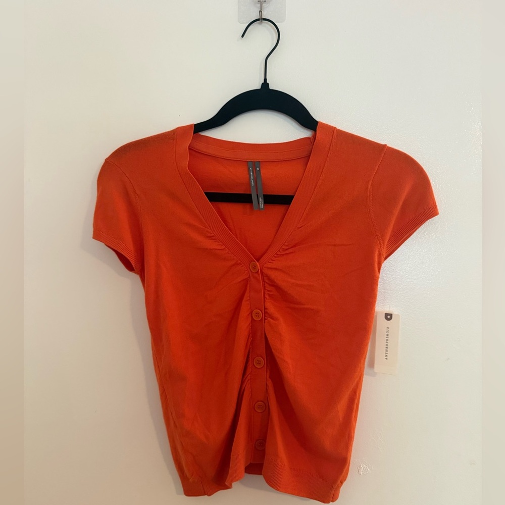 Anthropologie Cardigan Ruched Short-sleeve V-Neck Sweater